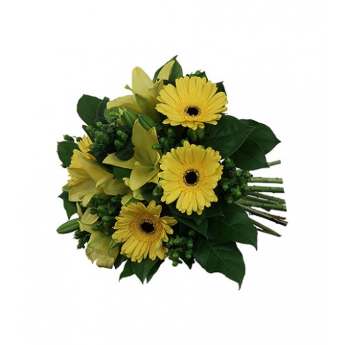 A positive, bright, feel-good bouquet of yellow lilies with yellow gerbera daisies, hypericum berries & added greenery. Will surely bring a smile to anyone's face!